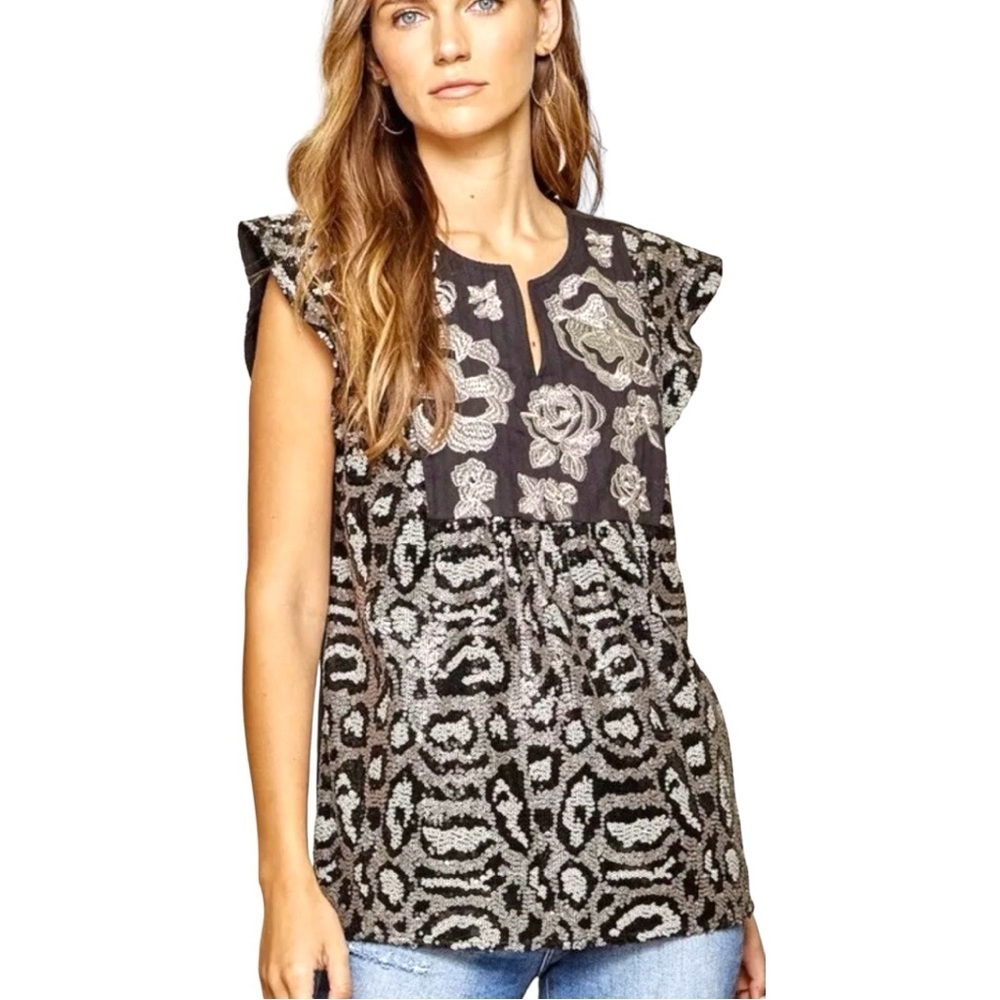Savanna Jane Leopard Sequin Embroidered Floral Flutter Sleeve‎ Top